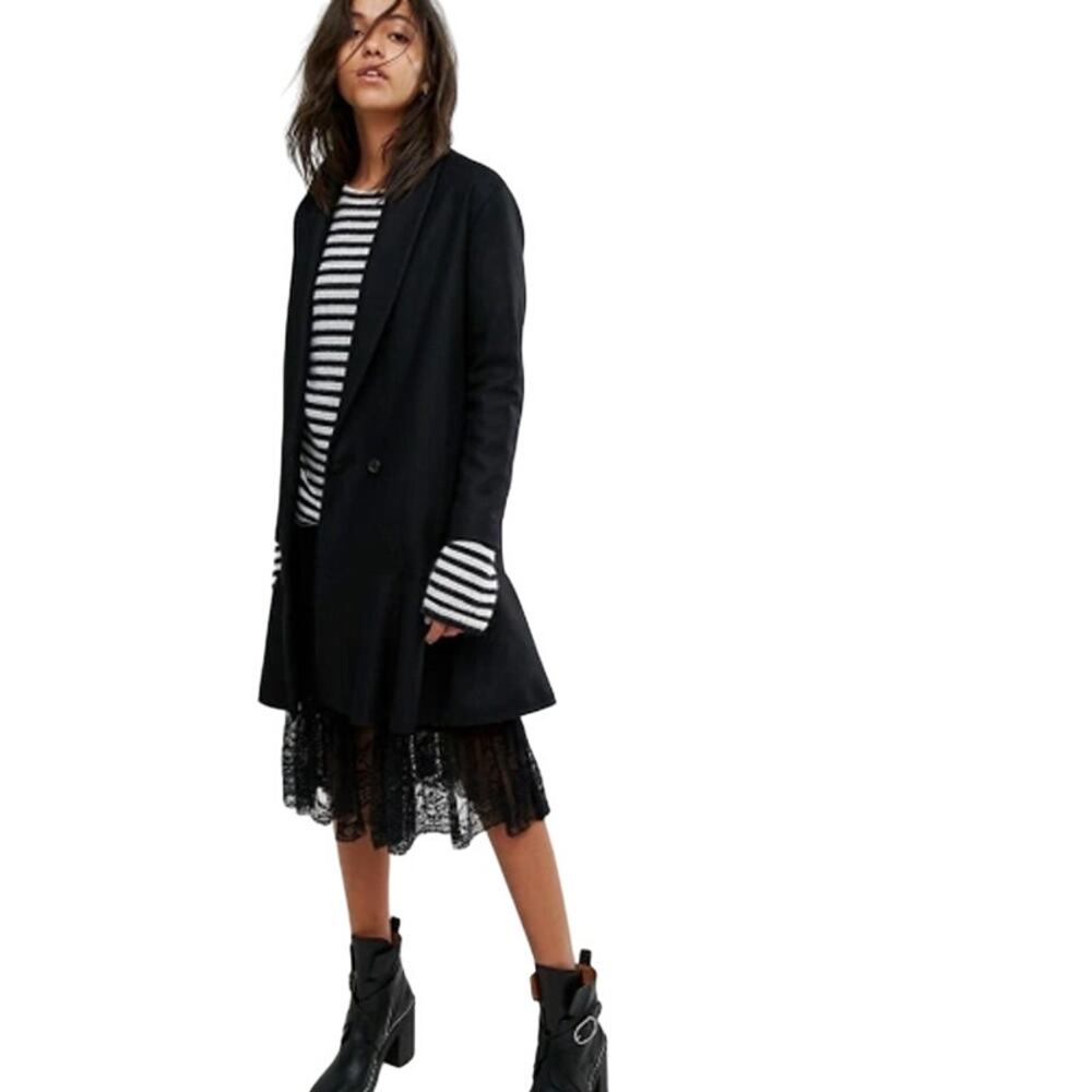 Allsaints Grace Coat Wool Ruffle Hem Long Overcoat Jacket, Black - Picture 3 of 16